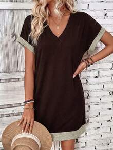 EMERY ROSE Women's V-Neck Casual Vacation Daily Wear Mini Dress - Coffee Brown - View 4