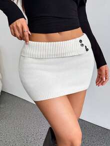 SHEIN PETITE Women's Solid Color Knitted Ribbed Casual Versatile Sweater Skirt, Korean Style In Fall/Winter ,Petite Women - Apricot - View 5