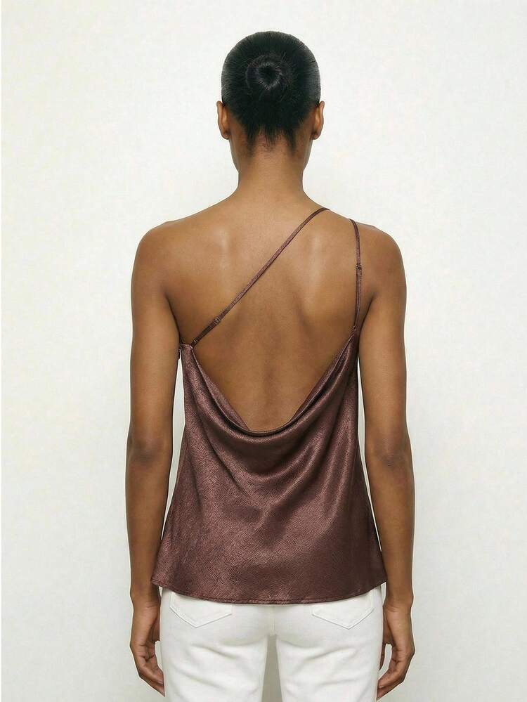 SHEIN Maija Women's Chocolate Brown One Shoulder Top,Summer Elegant Loose Fit Casual Solid Color Party Tops,Night Out Festival Holiday Outfit Ideas For Tops