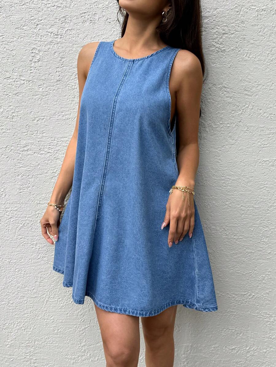 Sunnyshic Fashionable Round Neck Hollow-Out Washed Denim Dress - Medium Wash - View 1