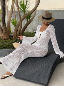 Livesso Áo khoác ngoài dài tay ôm sát người, cổ chữ V sâu, hở lưng, chất liệu vải có họa tiết, hơi xuyên thấu, dành cho nữ, thích hợp mặc đi biển hoặc mặc ngoài đồ bơi. - Màu be - Xem 4