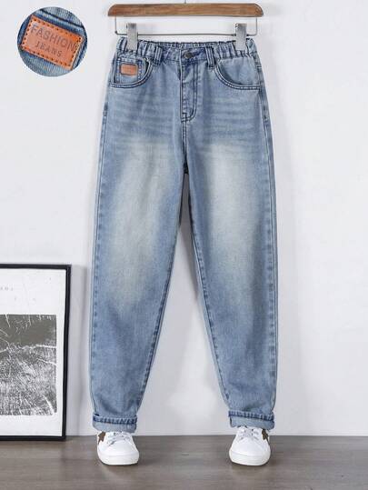 Tween Boys Vintage Washed Jeans, 2025 Autumn/Winter New Arrival, Retro Blue, Elastic Casual Straight Slim Fit Skinny Pants, Youth Denim Trousers, Mid-Waist Design, Comfortable Stretchy Fabric, Versatile For Casual, School, Commute, Party, Holiday Wear