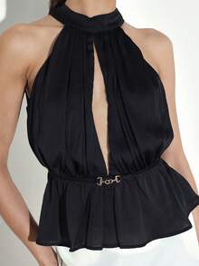 KSTM 女士露背吊带荷叶边上衣，正面镂空设计，金色腰带点缀，优雅晚装上衣 - 杏色 - 查看 6