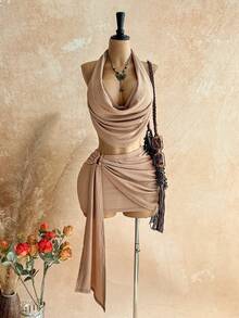 Soleia Bộ đồ 2 món gợi cảm dành cho nữ: Áo hai dây hở lưng và chân váy ngắn, thích hợp cho mùa hè. - Màu Khaki - Xem 1