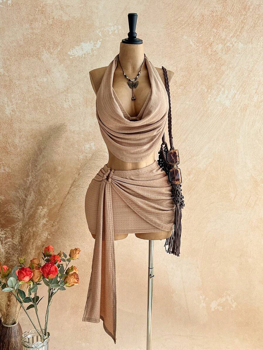 Soleia Bộ đồ 2 món gợi cảm dành cho nữ: Áo hai dây hở lưng và chân váy ngắn, thích hợp cho mùa hè. - Màu Khaki - Xem 1