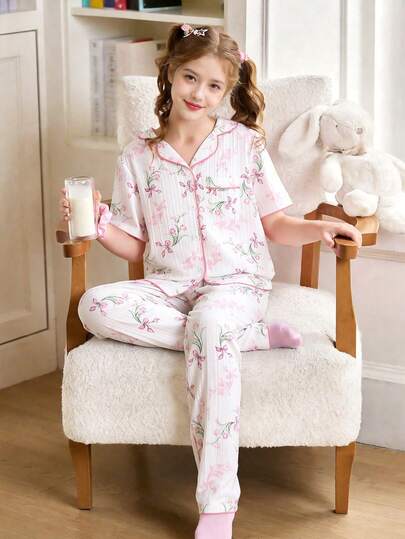 SHEIN Girls/Girl Floral Print Lapel Cardigan & Pants Pajama Set, Sweet & Comfortable Casual Loungewear 2 Pieces, Summer