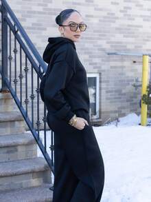 Melissa Matos 女式黑色休闲宽松连帽衫和运动裤两件套，保暖内衬，秋冬 - 黑色 - 查看 3