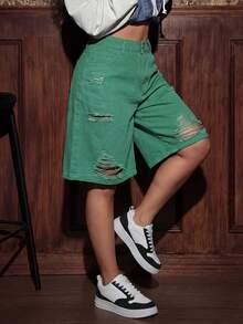 SHEIN ICON Women's Pocket Button Distressed Casual Versatile Daily Wear Denim Shorts - Green - View 1