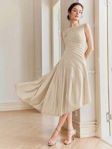 Anewsta Early Spring Elegant Solid Color Heavy-Weight Knit Sleeveless Asymmetrical Pleated Sweater Dress - Beige - View 7