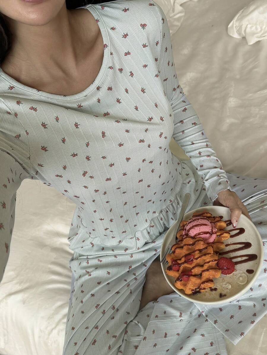 Livesso Set de 2 piezas de ropa de estar en casa con patrón de corazón para mujer, adecuado para primavera, verano, otoño e invierno - Blanco - Ver 1