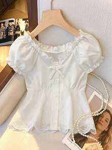 Camisa casual y versátil para uso diario con decoración de lazo para niña preadolescente - Blanco - Ver 1
