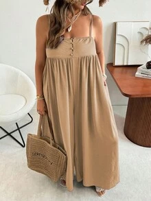 Ceyna 大码女式纯色带口袋休闲度假宽松连体裤 - 卡其色 - 查看 4