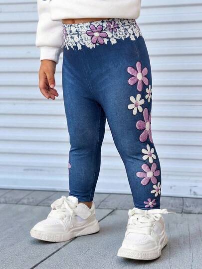 SHEIN Baby Girl Knitted Floral Pattern Leggings, Suitable For Outings, Gatherings, Parties And Other Occasions