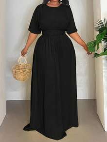 SHEIN CURVE+ 2026春夏新款大码度假休闲/日常休闲/外出/优雅派对/浪漫纯色黄色插肩袖弹力腰部收褶大A字摆梭织纹理面料女式长裙 - 黑色 - 查看 5