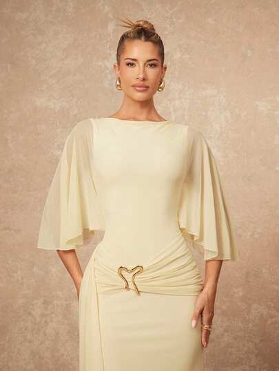 Lumalex Elegant Ivory Goddess Maxi With Cape Sleeves, Ruched Waist & Sculptural Gold Heart Hardware, Fluid Floor-Length Silhouette Maxi Dress, Spring/Summer, Elegant Romantic Dress, Formal Evening Gown, Gala Night, Summer Dress, Summer Dresses For Women, Spring Outfit Women, Valentine's Day Outfit, Beach Dress, Beach Outfits, Carnival Women Look 2026, Party Dress, Elegant Party Dresses For Women, Wedding Guest Dress For Women, Elegant Dresses For Women, Vacation Outfits For Women, Vacation Dress, Business Casual, Formal Dress, Luxury Evening Dress For Women, Valentine's Day Ideas, Romantic Valentine Vibes, Casual Dresses For Women, Neo Girly Mood, Boho Casual Vibes, Quiet Luxury Style, Suitable For Parties, Dates, Going Out, Night Out, Weddings, Holiday, Vacation, Birthday Parties
