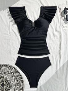 Swim Lushoire Solid Color U-Neck Steel Bra Top With Ruffle Trim High Waist Bikini Bottom 2 Pieces Swimwear - Black - View 7