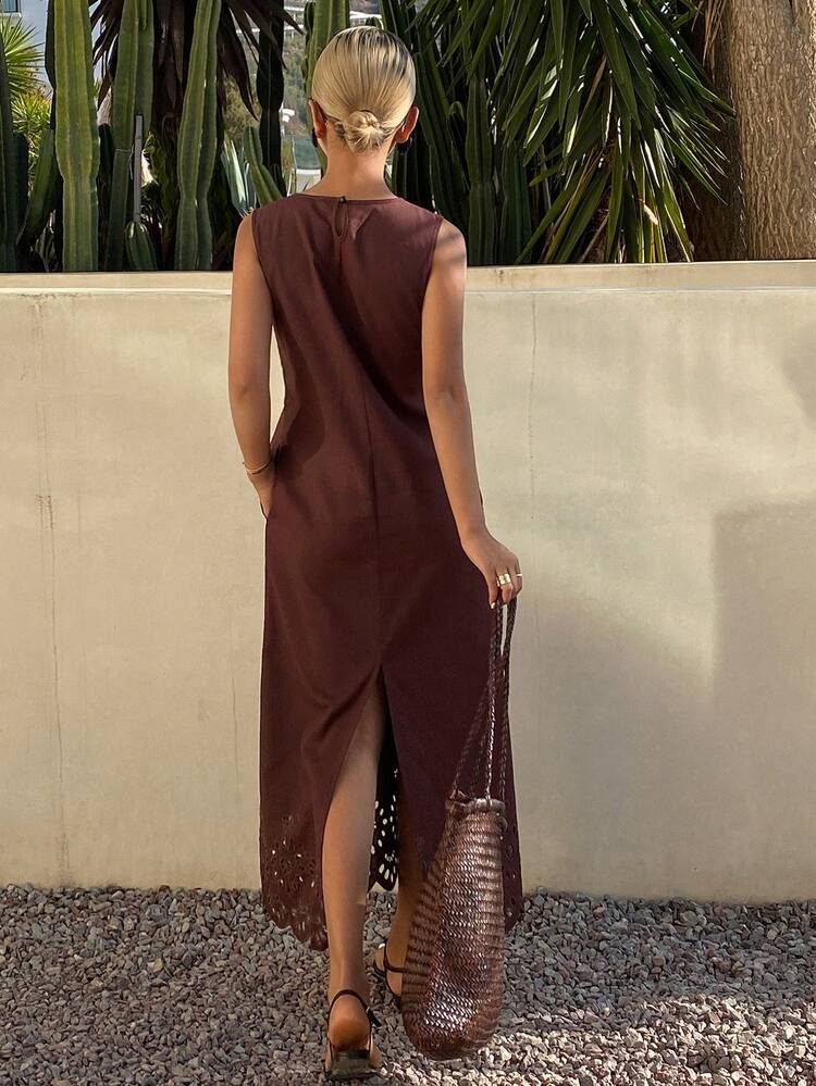 Women's Solid Color Loose Hollow Embroidered Round Neck Sleeveless Long Casual Elegant Resort Summer Dress Sun Dresses For Women
