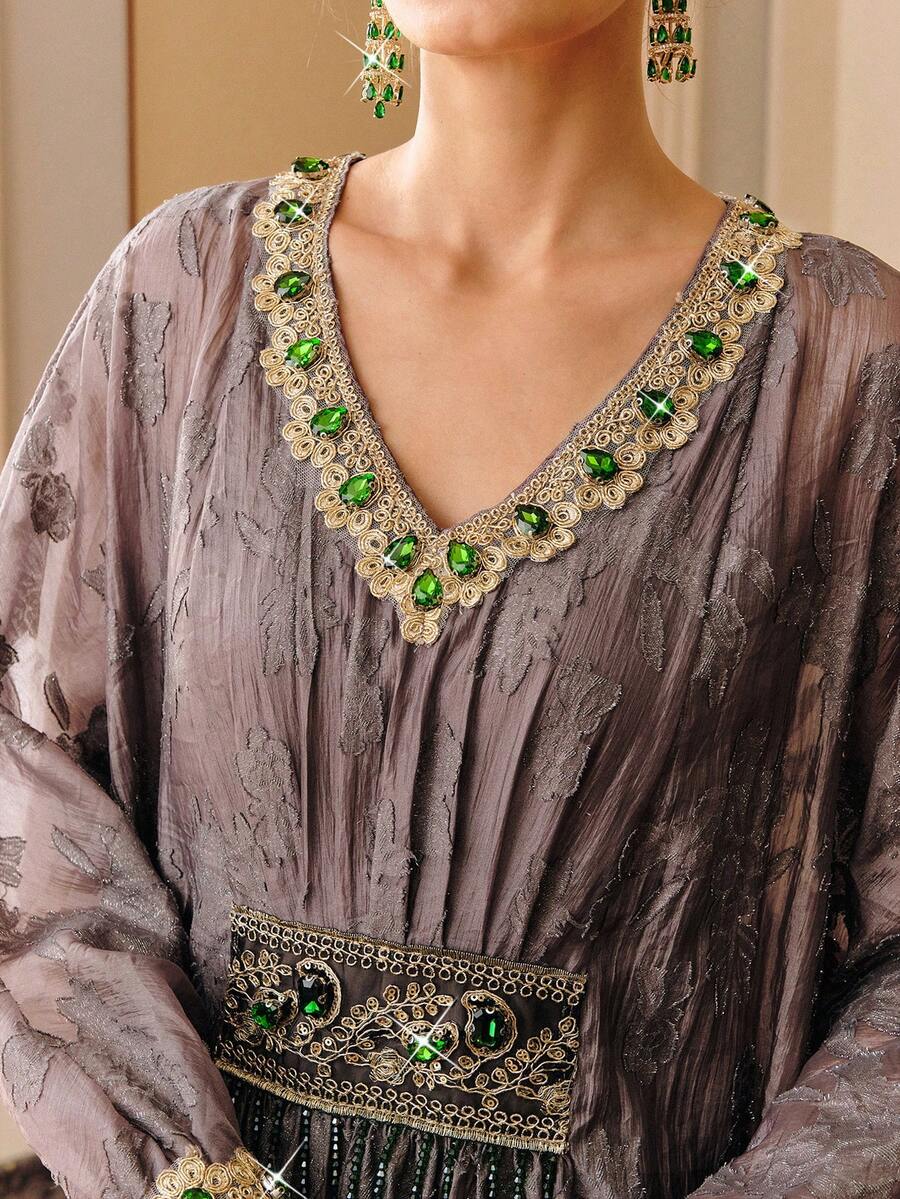 Anewsta 女士新款宽松优雅奢华串珠亮片A字型长款婚纱 - 淺灰紫 - 查看 1