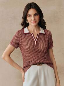Anewsta Colorblock Linen Hollow Out Knit Polo Shirt For Women, Retro Collar Short Sleeve Top, Spring/Summer - Burgundy - View 6