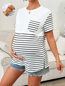 SHEIN Pregnant Women's Patchwork Striped Pocket Round Neck Short Sleeve Casual Nursing T-Shirt - White - View 8