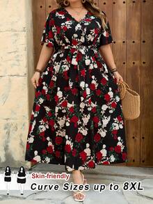 SHEIN CURVE+ 尺码 US22 适合音乐节、海滨度假、波西米亚风休闲复古大碎花宽松抽绳连衣裙，适合春夏穿着，大码身材，适合休闲度假，飘逸连衣裙，女士沙滩装/沙滩裙/沙滩度假装/沙滩必备/毕业典礼/下午茶会连衣裙/夏季/乡村/沙滩度假装/沙滩装/沙滩服饰 - 彩色 - 查看 4