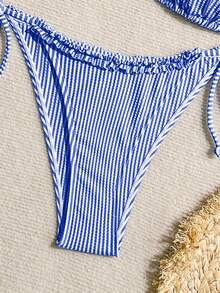 Swim Mod Conjunto de bikini de mujer con rayas, estilo náutico, patchwork, ribete de volantes y lazo - azul real - Ver 7