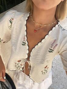 DAZY 女士花卉刺绣拼接下摆系带休闲度假夏季衬衫 - 杏色 - 查看 6