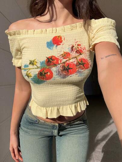 DAZY Spring & Summer Casual Street Style Yellow Off-Shoulder Top, Floral & Letter Print With Ruffle Hem, Music Festival & Vacation Vibe Short Sleeve T-Shirt For Women Graphic Tees Women