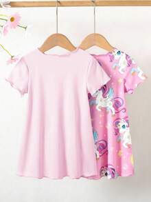 2-Pack Baby Girl Unicorn Print Ruffled Casual Skirt And Short Sleeve Pajama Set, Spring & Summer Pink Sweet Girly Style Cute And Comfortable 2026 New Holiday Atmosphere Relaxed And Comfortable Girl's Outfit Set Girls' Children's Clothing - Multicolor - View 4