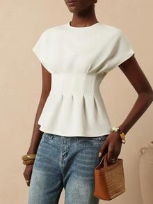 Vesra Women's Elegant Solid Color Cinched Waist Blouse For Commuting, Summer - Apricot - View 6