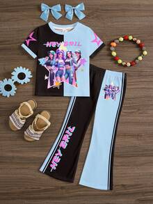 色彩鲜艳的蓝黑撞色，K-Pop 超级巨星款，69，少女休闲卡通图案圆领短袖上衣和喇叭裤两件套，适合夏季穿着 - 彩色 - 查看 3