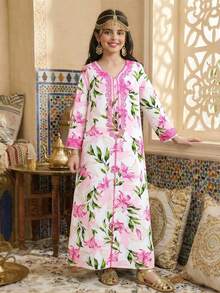 Tween Girl Floral Print V-Neck Elegant Long Sleeve Dress - Pink - View 8