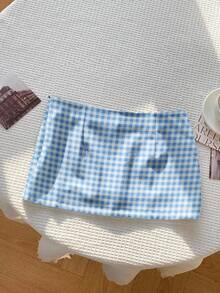 Comfortcana Chân váy chữ A nữ họa tiết kẻ caro xanh dương kiểu retro, thích hợp để phối đồ, đi nghỉ xuân, du lịch biển, dạo phố, hẹn hò, phong cách thanh lịch. - trắng - Xem 2