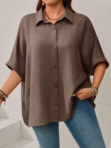 EMERY ROSE Camicia casual oversize da donna con maniche a pipistrello, monopetto, tinta unita, adatta per vacanze, abbigliamento estivo - Cachi - Visualizzare 7