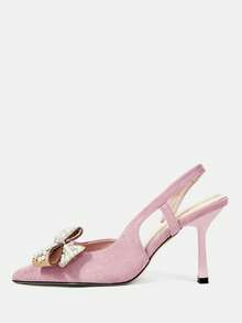 CUCCOO HITCHD Women's Pointed Toe High Heel Shoes, Spring/Summer New Arrivals, Faux Suede Fabric, Rhinestone & Pearl Bow Decor, Light Pink Color, Comfortable & Elegant, Suitable For Weddings, Parties, Formal Occasions - Barely Pink - View 2