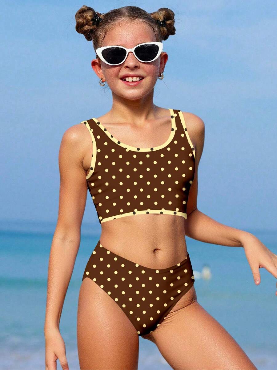 Conjunto de tankini de lunares informal para niña preadolescente, adecuado para el verano - Multicolor - Ver 1