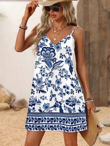 SHEIN LUNE Đầm ngắn cỡ lớn dành cho nữ, màu xanh in họa tiết Paisley, kiểu dáng đi nghỉ mát, thích hợp cho kỳ nghỉ xuân/hè. - Nhiều màu - Xem 4