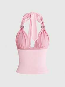 ROMWE Avant 女士休闲性感露背吊带上衣和喇叭裤两件套，春夏款 - 粉色 - 查看 4