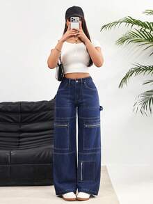 Rivivi 女士休闲水洗直筒牛仔裤 - 藍色 - 查看 5