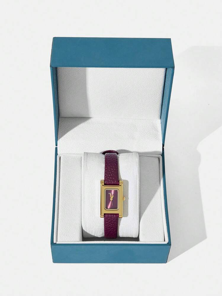 Burgundy Lychee Textured Mini Gold Watch