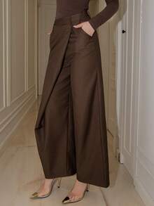 Bris Aura Women Asymmetrical Casual Wide Leg Pants Women's Fashion Office Commuting Versatile High Waist High-End Asymmetrical Wide Leg Suit Pants - Brown - View 4