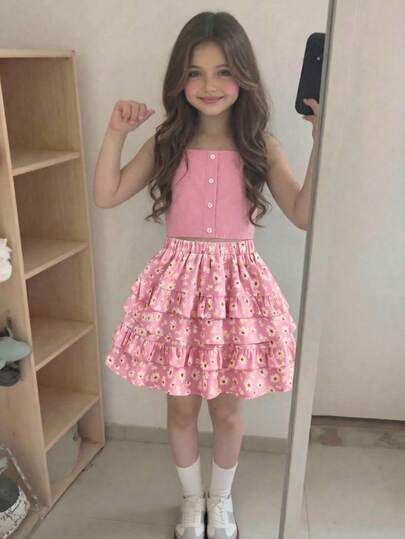 Emery Rose Kids 2pcs Young Girl Woven Solid Color Casual Vest And Ditsy Floral Skirt Set