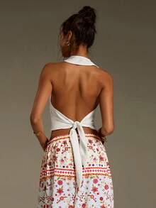 Athîral Women's Casual White Front Tie Asymmetric Hem Halter Neck BacklessTank Top,Daily Wear ,Summer White Tops,Easter ,Music Festival, Summer Holiday Outfits,Women's Casual Top,Outdoor Wear, - White - View 2