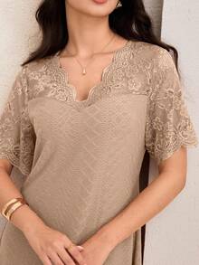 SHEIN Lacomfia V-Neck Contrast Lace Textured Knit Mid-Length Dress For Women - Khaki - View 1