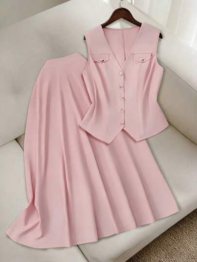 GlowEve CURVE طقم أنيق للنساء يتكون من ملابس علوية بدون أكمام وياقة على شكل حرف V مع خصر مربوط وتنورة طويلة على شكل A، بلون أحادي بطراز رجعي، مناسب للعطلات والذهاب إلى العمل