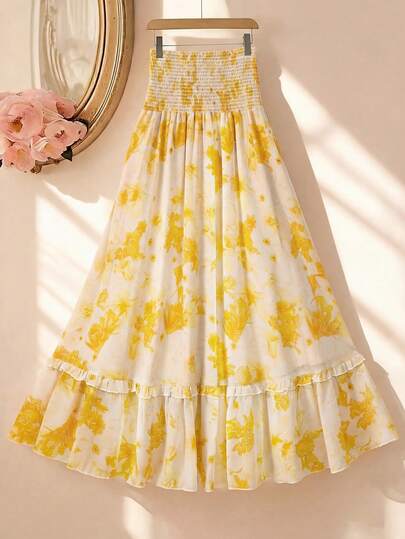 Franclia Falda casual de gasa con estampado floral estilo francés, talla grande, primavera/verano