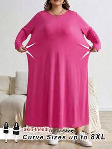 SHEIN CURVE+ Đầm midi dáng chữ A dài tay màu đen cỡ lớn, thời trang thu đông. - Màu Hồng Tươi - Xem 1