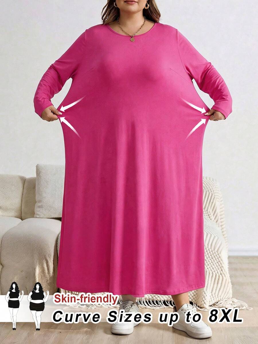 SHEIN CURVE+ Đầm midi dáng chữ A dài tay màu đen cỡ lớn, thời trang thu đông. - Màu Hồng Tươi - Xem 1