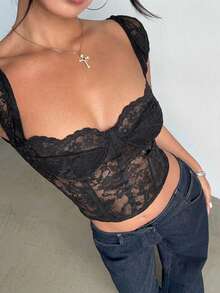Aloruh Women's Black Lace Patchwork Bustier Camisole,Chic Sleeveless Tight Fitted Corset Top,Elegant Club Party Summer Top For Dates,Music Festival - Black - View 5