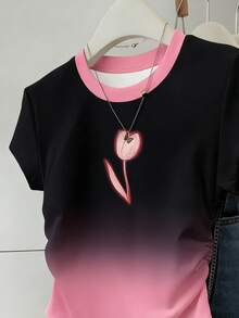 Resyla Mẫu mới bán chạy, áo thun ngắn tay nữ họa tiết hoa tulip màu đen và hồng chuyển sắc nhẹ nhàng, hoàn hảo để đi học và đi mua sắm cùng bạn bè, ngọt ngào và đa năng cho mùa xuân và mùa hè. - Nhiều màu - Xem 3